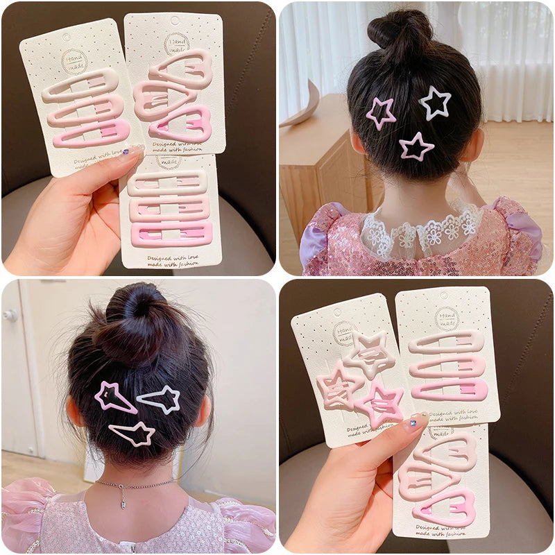 3/6 Pcs/Set Girls Fashion Coffee Color Geometric Stars Ornament Pink Hair Clips