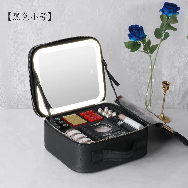 New LED Lighted Cosmetic Case with Mirror Waterproof PU Leather Portable Travel Makeup Storage Bags